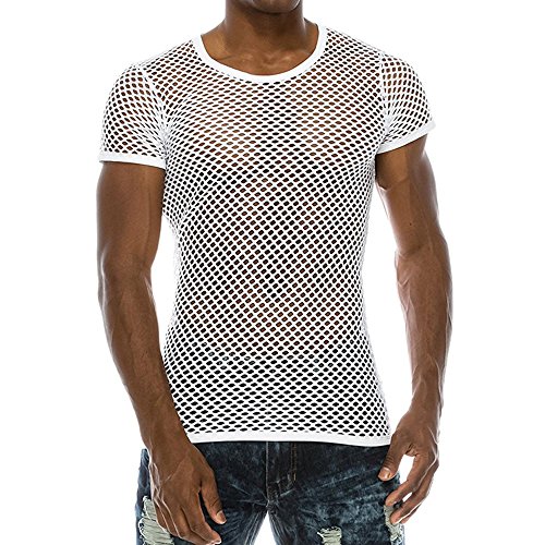 BOTCAM Unterhemd Männer Transparent T-Shirt aus Schwarz/Weiß Netz Sexy Unterwäsche Kurzarm Netzhemd Fischernetzshirt Slim Muscle Shirt Perspektivische Erotik Top Clubwear (Z4-White, L) von BOTCAM