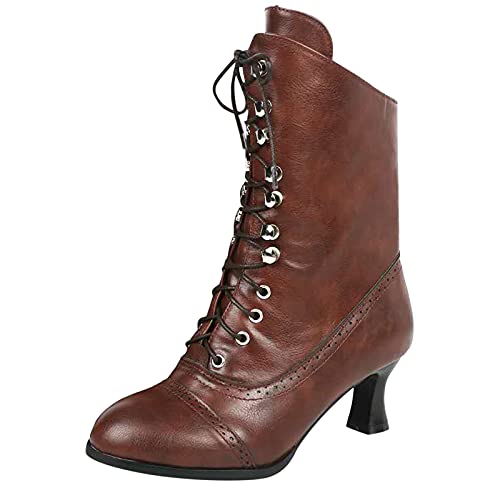 BOTCAM Viktorianische Stiefel Damen Leder: Stiefeletten Schnürstiefel Vintage Steampunk Reitstiefel Biker Stiefel Mit Absatz Ankle Boots Schnürstiefeletten mit Reißverschluss Stiefeletten von BOTCAM