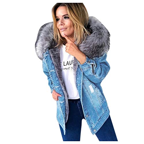 BOTCAM Winterjacke Damen Warm Gefüttert Jeansjacke üBergangsjacke Leichte Denim Jacke Mit Fellkapuze Outdoor Sportjacke Sweatjacke Kapuzenjacke Oversize Damen Parka Herbst Winter Fuzzy Fleece Mantel von BOTCAM