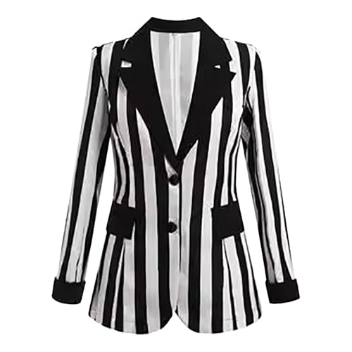Blazer Damen Schwarz Weiß Gestreift, Anzugjacke Blazerjacke Offen Vorne Elegant Sakko Büroanzug Jacke Anzug Langarm Stehkragen Cardigan Blazermantel Übergangsjacke Business Mantel von BOTCAM