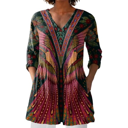 Blusenshirt Damen Sommer Longbluse Blumen Leinenbluse für Damen Oberteil Sommerkleid Boho Longpullover V Ausschnitt Maxibluse Hawaii Urlaub Strand Uv T Shirt Langarm Loose Fit von BOTCAM