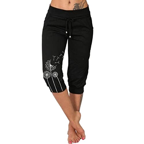 Caprihose Damen Sommer Stretch Sporthose 3/4 Mit Taschen Baumwolle Radlerhose Blickdicht Laufhose Damen Capri Sommerhose Elastischer Bund Trainingshose Loose Fit 7/8 Hosen Mädchen von BOTCAM