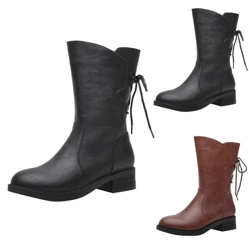 Cowboystiefel Damen Herbst Winter Mittelhoher Westernstiefel Langschaft Stiefel Retro PU-Leder Damenstiefel Übergangsstiefel Blockabsatz Schnürung Halbhohe Langschaft Cowboy Boots von BOTCAM