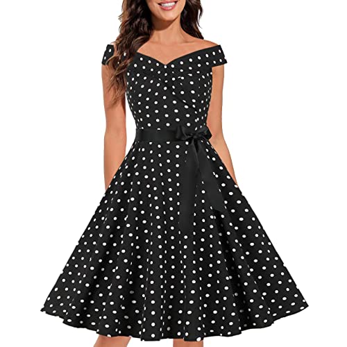 Damen 50er 60er Jahre Kleid Vintage Cocktailkleid Neckholder 1950er Hepburn Stil Rockabilly Petticoat Kleid Slim Bequem Sommerkleider Schulterfrei Kleider Lässig Mode Musterdrucken Kleid mit Gürtel von BOTCAM