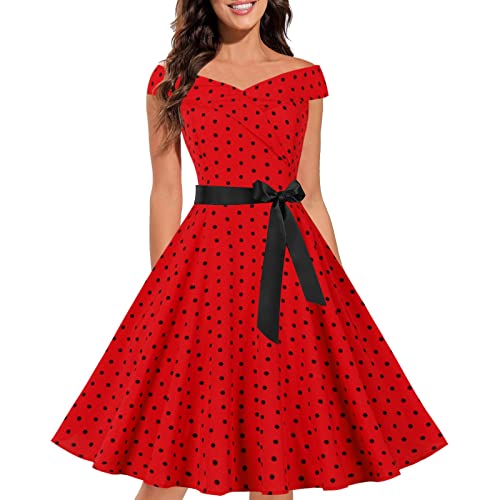 Damen 50er 60er Jahre Kleid Vintage Cocktailkleid Neckholder 1950er Hepburn Stil Rockabilly Petticoat Kleid Slim Bequem Sommerkleider Schulterfrei Kleider Lässig Mode Musterdrucken Kleid mit Gürtel von BOTCAM