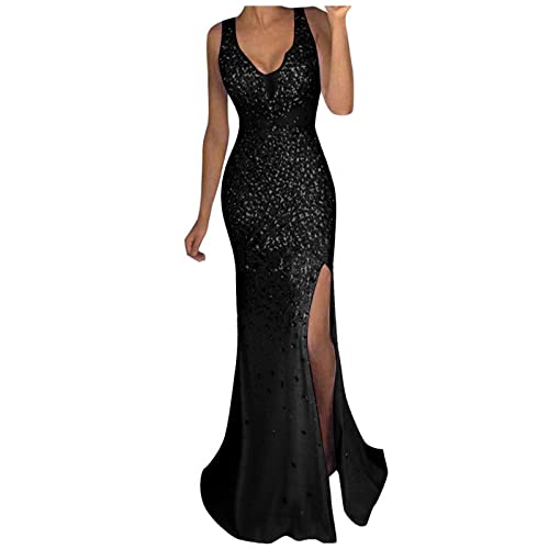 Damen Abendkleider Elegant Für Hochzeit Lang Paillettenkleid Tiefer V-Ausschnitt ärmellos Enge Lange Kleider Mit Seitenschlitz Ballkleid Glitzer Partykleid Sexy Bodycon Maxikleider Cocktailkleid von BOTCAM