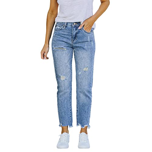 Damen Dehnbare hoch taillierte Boyfriend-Jeans mit geradem Bein und ausgefransten -Denim-Hosen Hose Teenager (Sky Blue, L) von BOTCAM