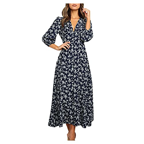 Damen Elegant Sommerkleid 3/4-Arm Blumen Lange Kleid Chiffon Falten V-Ausschnitt Wickelkleid Hohe Taille Rüschen Maxikleid Partykleider A-Line Langarmkleid Herbstkleid Frauen Freizeit Kleid von BOTCAM