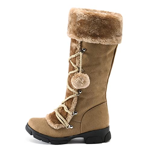 Damen High Top Schneestiefel Mit Schnürung Und Flauschige Bommel Outdoor Plus Samt Winterstiefel Warme Gefüttert Innen Booster Feste Gummi Sohle Fluffy Warm Mittelhoher Bequem Stiefel von BOTCAM