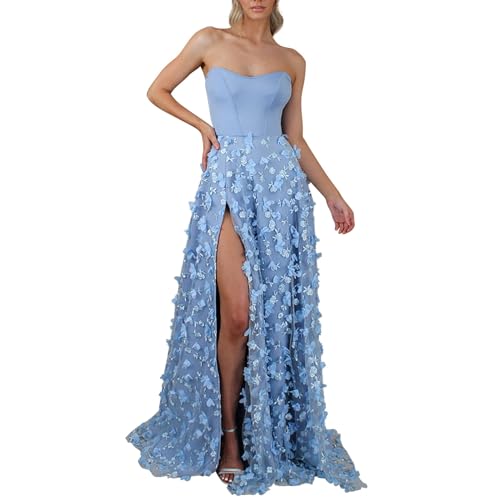 Damen Hochzeitskleid Elegante Lang Tüll Formellen Abendkleid Ballkleid Festkleider A-Linie Rundhals Brautkleider Schlitz Maxikleid 3D Blumendruck Tüll Prinzessin Kleid Bandeau Kleider Sexykleid von BOTCAM