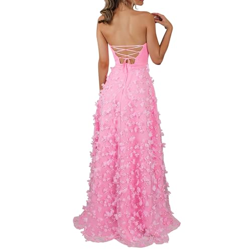 Damen Hochzeitskleid Elegante Lang Tüll Formellen Abendkleid Ballkleid Festkleider A-Linie Rundhals Brautkleider Schlitz Maxikleid 3D Blumendruck Tüll Prinzessin Kleid Bandeau Kleider Sexykleid von BOTCAM