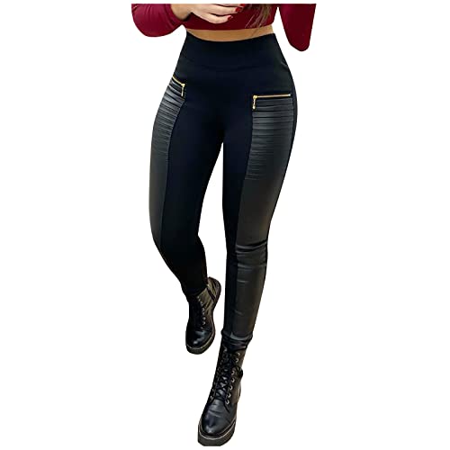 Damen Leggings Lederoptik High Waist Blickdicht Strumpfhosen Damen Winter Thermo Lange Sporthose Sport Leggings Damen Booty Scrunch Jogginghose Radlerhose Mit ReißVerschluss Laufhose Mit Tasche von BOTCAM