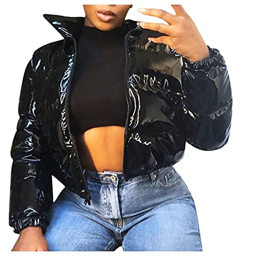 Damen Puffer Jacke, Einfarbige Winterjacke Warm Stehkragen Übergangsjacke Frauen Glänzend Daunenjacke Kurz Geschnitten Wattierte Steppjacke Jacke Female Baumwolljacke Mantel Herbst Outdoorjacke von BOTCAM