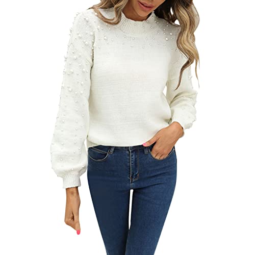 Damen Pullover Mit Perlen Ärmel Breit Einfarbig Elegant Pulli Frauen Strick Stehkragen Locker Winterpullover Elegant Strickpullover Loose Lässig Strickwaren Tops Fashion Solide Sweater Herbst Winter von BOTCAM