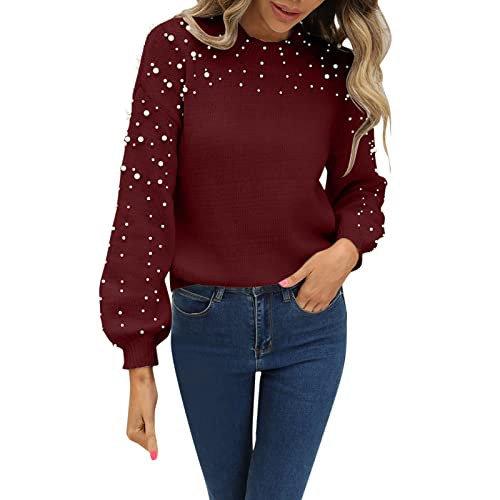 Damen Pullover Mit Perlen Ärmel Breit Einfarbig Elegant Pulli Frauen Strick Stehkragen Locker Winterpullover Elegant Strickpullover Loose Lässig Strickwaren Tops Fashion Solide Sweater von BOTCAM