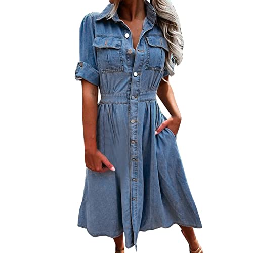 Damen Sommerkleid Lässig Kurze Ärmel Knopf Unten Gestaffelt Denim Babydoll Jean Kleid A-Line Swing Kleider Vintage Jeanskleid mit Taschen Knielang Midi Kleid Damen Sommer Kleider Freizeitkleider von BOTCAM