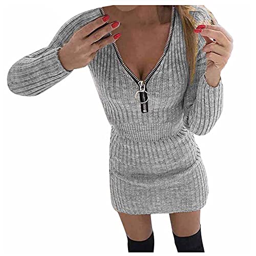 Damen Strickkleid Elegante Pulloverkleid MiniKleid Elegant Strand Club Abendkleider A Linie Reißverschluss Kleid Langarmkleid Frauen Mini Kleid Sexy V-Ausschnitt Sweater Kleider für Frühling Herbst von BOTCAM