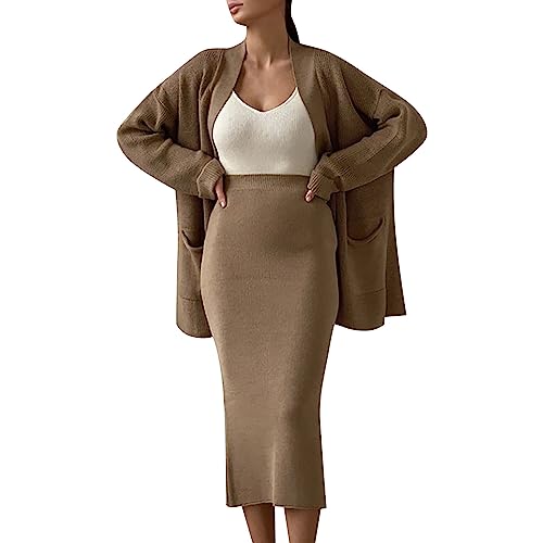 Damen Strickkleid Zweiteiliger Anzug Cardigan Oberteil mit Taschen und Midi Strickrock Bodycon 2 Stück Set Midikleid Pullover Mantel Pulloverkleid Röcke Herbstkleid Frau Freizeitkleider von BOTCAM