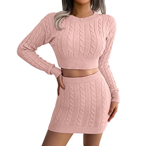 Damen Strickkleid Zweiteiliger Anzug Rundhals Oberteil Und Mini Strickrock Bleistiftrock Elastische Bodycon 2 Stück Set Pulloverkleid Einfarbig Langarm Kurze Pullover Strick Kleid Slim Fit Rock von BOTCAM