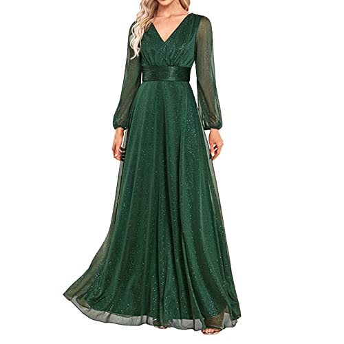 Damen V-Ausschnitt Pailletten Lange Ärmel Abendkleid Bodenlang A-Linie Elegant Chiffon Partykleid Frauen Cocktailkleid Herbstkleid Slim Fit Mit Gürtel Ballkleider Länge Knöchel Winterkleid Festkleid von BOTCAM