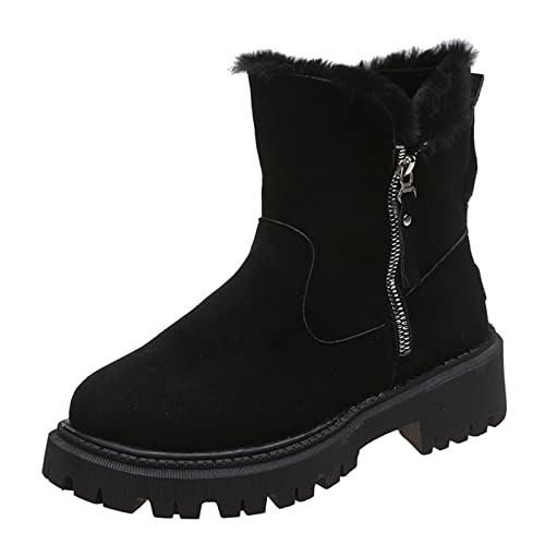 Halbhohe Ankle Boots Mit Reißverschluss, Warm Gefüttert Winterboots, PelzgefüTterte Outdoor Dicke Sohle Rutschfeste Stiefeletten, Flauschig Bequem Fluffy Warm PlüSch Vintage Halbstiefel von BOTCAM