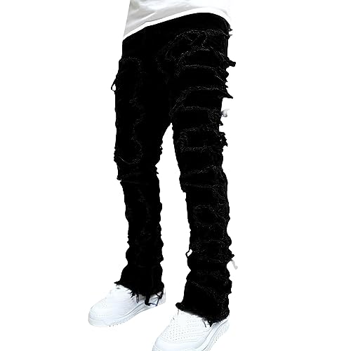 Herren Destroyed Stretch Jeans Mit Taschen Slim Fit Jeans Skinny Hip Hop Denim Hose Mit Löchern Für Männer Zerrissene Jeans Vintage Freizeithose Outdoorhose Leicht Loose Fit Slim Fit Sporthose von BOTCAM