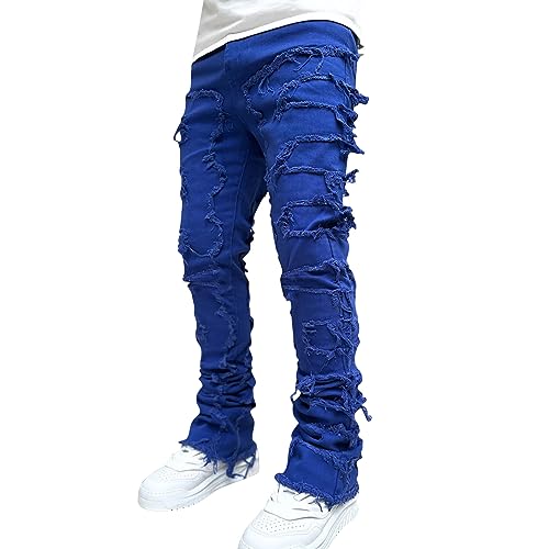 Herren Destroyed Stretch Jeans Mit Taschen Slim Fit Jeans Skinny Hip Hop Denim Hose Mit Löchern Für Männer Zerrissene Jeans Vintage Freizeithose Outdoorhose Leicht Loose Fit Slim Fit Sporthose von BOTCAM