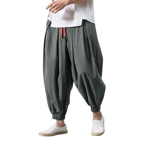 Herren Harem Japanisch Einfarbige Leinenhose aus Baumwolle und Leinen Loose Casual Freizeithose Heimhose Baggy Haremshose Mit Taschen Und Kodelzug Lang Leichte Atmungsaktiv Pluderhose Pants von BOTCAM
