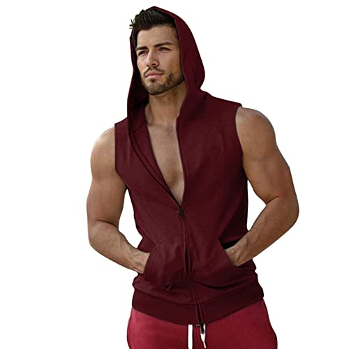 Herren Sport Freizeit Kapuzensweatshirt mit Reißverschluss Ärmellos Shirts Weste Muskelshirt Kapuzenjacke mit Taschen Kapuzenpullover Männer ärmelloses Oberteil Work Out Tops Sommer Oberteil Hoodie von BOTCAM