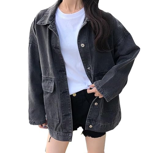 Jeansjacke Damen Schwarz Stretch, Übergangsjacke Jean Mantel Zerrissene Vintage Jeansjacken Denim Jacket mit Taschen Jeans Damenjacken Button Down Arbeitsjacke Boyfriend Jeansjacke von BOTCAM