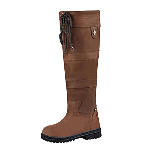 Langschaftstiefel Damen Leder Braun, Winterstiefel Stiefeletten mit Reißverschluss Hohe Stiefel Langschaft Stiefel Wasserdichte Vintage Schlupfstiefel Damenstiefel Flach Reitstiefel von BOTCAM