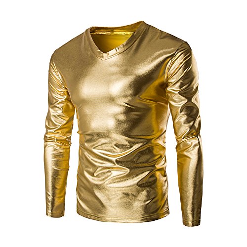 Leinenhemd Herren Herren metallischer glänzender Nassaussehen Langarm-T-Shirt der oberen schlanken Passform V-Ausschnitt Bluse Blaues Hemd Kariert Herren (Gold, XXXXXL) von BOTCAM
