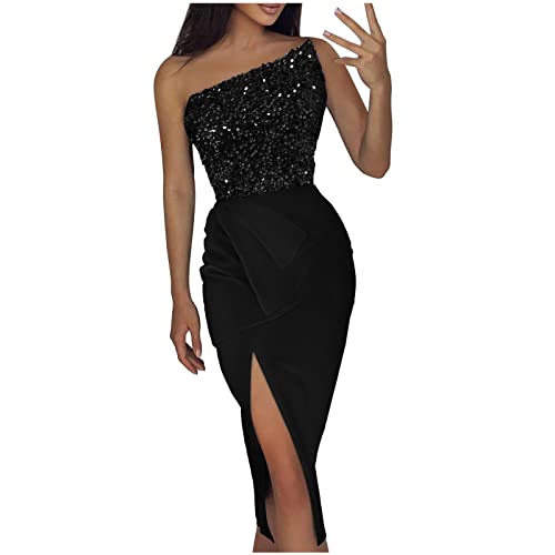 One Shoulder Kleid Damen Paillettenkleid Enge Lange Kleider Mit Schlitz Frauen Schulterfrei Hohe Taille Bodycon Midikleid Glitzerkleid Damen Partykleid Silvesterkleid Für Damen Ballkleid Mädchen von BOTCAM