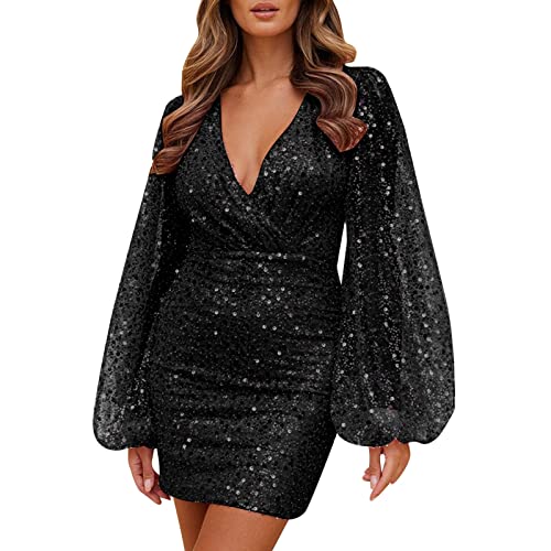 Paillettenkleid Damen - Puff Ärmel - V-Ausschnitt - Kurze Abendkleider - Glitzerkleid Damen - Partykleid für Frauen - Elegant Cocktailkleid - Mini Kleid - Sexykleid - Wickelkleid - Bleistiftkleid von BOTCAM