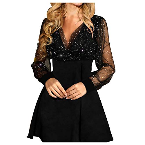 Partykleid Damen Elegant Enges Kleid Glitzer Frauen Retro Schwarz V-Ausschnitt Langarm Paillettenkleid A-Linie Party Kleider Ballkleid Mädchen Minikleid Cocktailkleid von BOTCAM