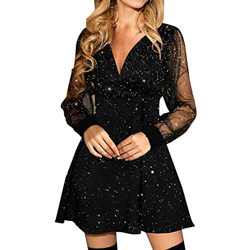 Partykleid Damen Elegant Enges Kleid Glitzer Frauen Retro Schwarz V-Ausschnitt Langarm Paillettenkleid A-Linie Party Kleider Ballkleid Mädchen Minikleid Cocktailkleid von BOTCAM