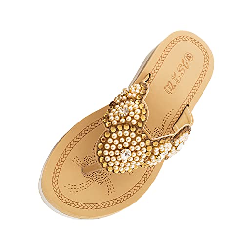 Slippers Flache Hausschuhe Flip-Flops Strand Schuhe Sandalen Damen Sommer Bohemian Flip Flops Mit Perlen Und Blumen Gummi Mode Zehentrenner Badelatschen Elegant Strandschuhe Komfortable von BOTCAM