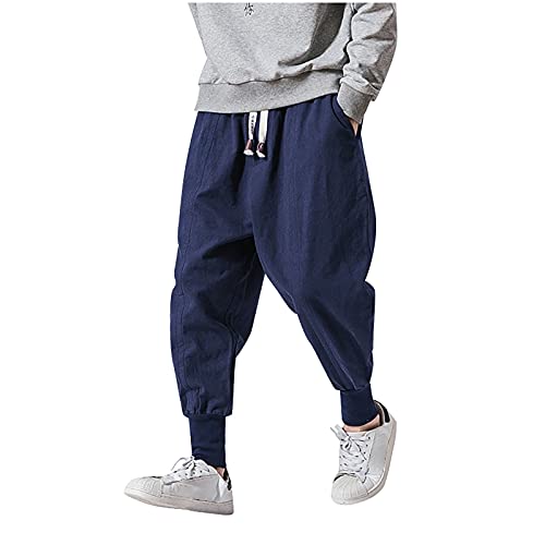 Sommerhose Herren Baggy Haremshose Japanisch Einfarbige Freizeithose aus Baumwolle und Leinen Loose Casual Heimhose Lang Leichte Atmungsaktiv Pluderhose Übergroße, M-3XL von BOTCAM