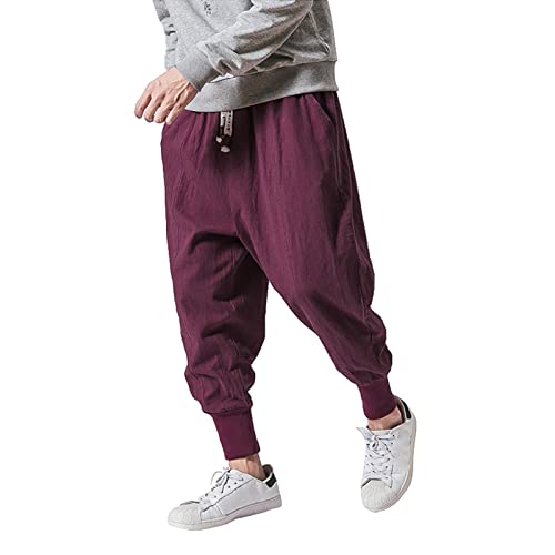 Sommerhose Herren Baggy Haremshose Japanisch Einfarbige Freizeithose aus Baumwolle und Leinen Loose Casual Heimhose Lang Leichte Atmungsaktiv Pluderhose Übergroße, M-3XL von BOTCAM