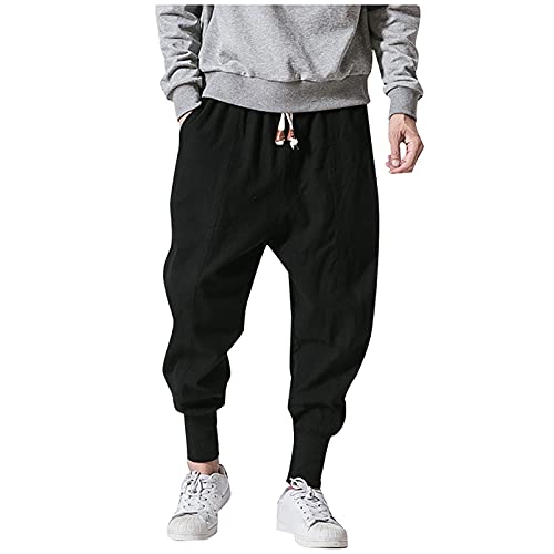 Sommerhose Herren Baggy Haremshose Japanisch Einfarbige Freizeithose aus Baumwolle und Leinen Loose Casual Heimhose Lang Leichte Atmungsaktiv Pluderhose Übergroße, M-3XL von BOTCAM