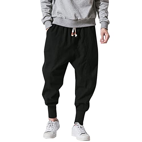 Sommerhose Herren Baggy Haremshose Japanisch Einfarbige Freizeithose aus Baumwolle und Leinen Loose Casual Heimhose Lang Leichte Atmungsaktiv Pluderhose Übergroße, M-3XL von BOTCAM