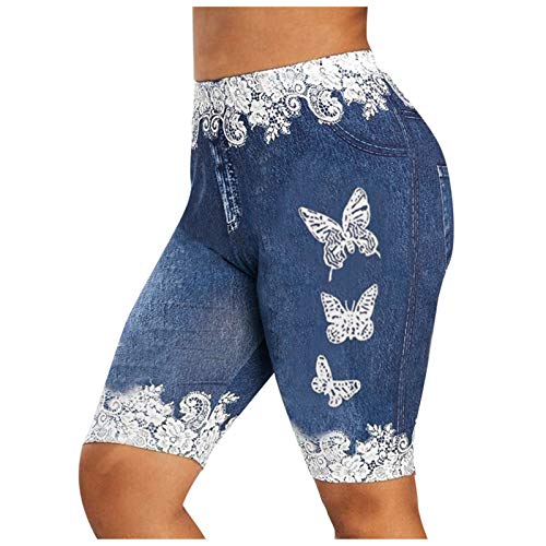 Sport Leggings Damen Jeansoptik High Waist Mit Handytasche Caprihose Stretch Sommer Kurze Hose Damen Jeans Knielang Shorts Sport 2 In 1 Kurze Yogahose Capri Hose 3/4 Radlerhose Blickdicht Laufshorts von BOTCAM