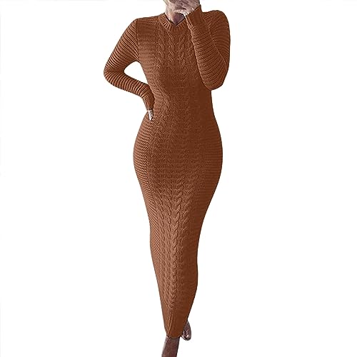 Strickkleid Damen Langarm Elegant Winter Kleider Mit Rundhals Figurbetontes Kleid Lang Rippenstrick Kleid Bequeme Kleider Hohe Elastizität Knitted Dress Freizeitkleid Knöchellange Frauen Bodycon von BOTCAM