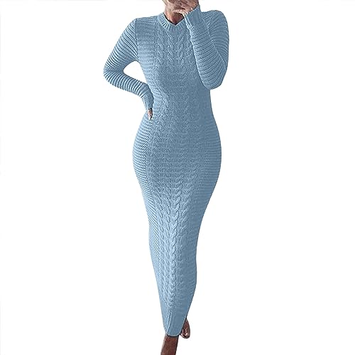 Strickkleid Damen Langarm Elegant Winter Kleider Mit Rundhals Figurbetontes Kleid Lang Rippenstrick Kleid Bequeme Kleider Hohe Elastizität Knitted Dress Freizeitkleid Knöchellange Frauen Bodycon von BOTCAM