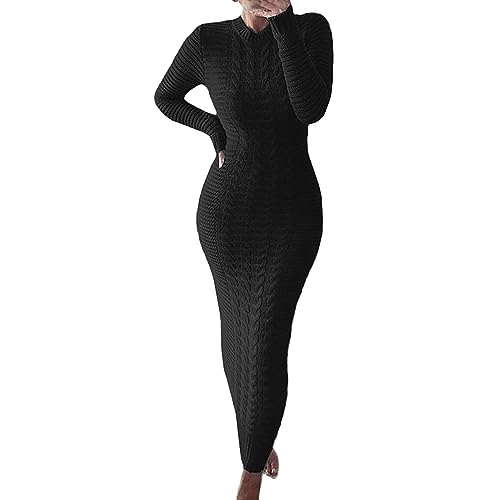 Strickkleid Damen Langarm Elegant Winter Kleider Mit Rundhals Figurbetontes Kleid Lang Rippenstrick Kleid Bequeme Kleider Hohe Elastizität Knitted Dress Freizeitkleid Knöchellange Frauen Bodycon von BOTCAM