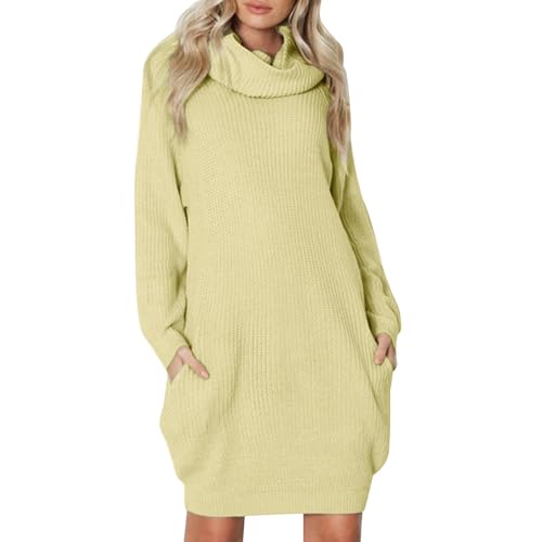 Strickkleid Damen Rollkragen Pullikleid Langarm Pulloverkleid mit Taschen Minikleid Freizeit Winterkleid Loose Knitted Dress Midikleid Weich Midikleid für Winter Langarmkleid von BOTCAM