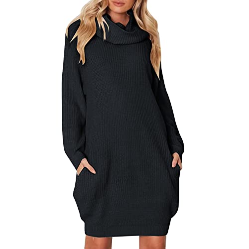 Strickkleid Damen Rollkragen Pullikleid Langarm Pulloverkleid mit Taschen Minikleid Freizeit Winterkleid Loose Knitted Dress Midikleid Weich Midikleid für Winter Langarmkleid von BOTCAM