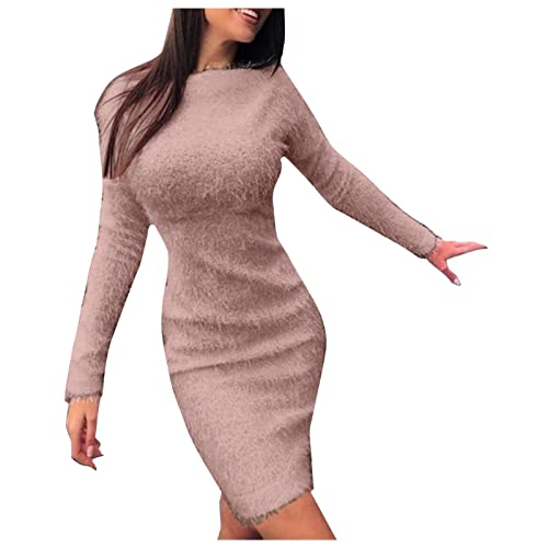 Strickkleid Damen Winter Lang Fuzzy Fleece Warm Strickpullover Einfarbig Elegant Strick Stretch Figurbetontes Kleid Wickelkleid Winterpullover Oversize Longpullover Lässig Jumperkleid Eng Minikleid von BOTCAM