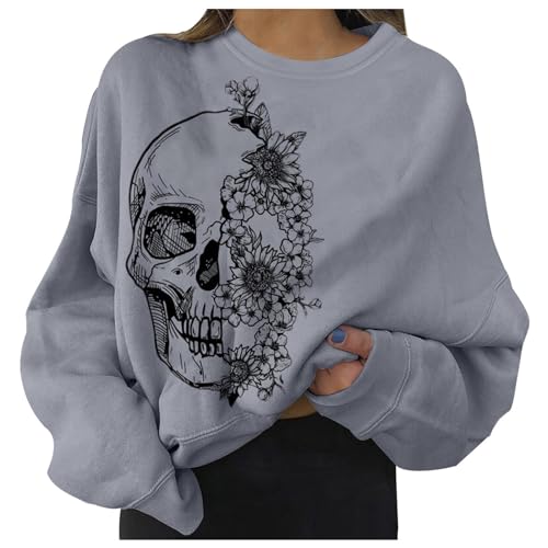 Sweatshirt Damen, Totenkopf Rosen Skull Roses Schädel Pullover Frauen Rundhals Langarmshirt Herbst Winter Casual Oberteile Tops Locker T Shirts Sport Style Sweatjacke Harajuku Streetwear Sportshirt von BOTCAM