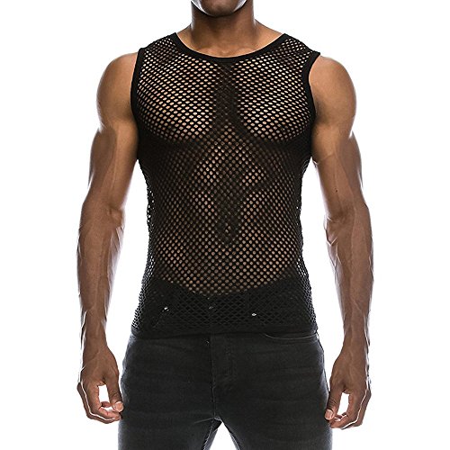 Unterhemd Männer Transparent T-Shirt aus Schwarz/Weiß Netz Sexy Unterwäsche Kurzarm Netzhemd Fischernetzshirt Slim Muscle Shirt Perspektivische Erotik Top Clubwear (Black-1, M) von BOTCAM